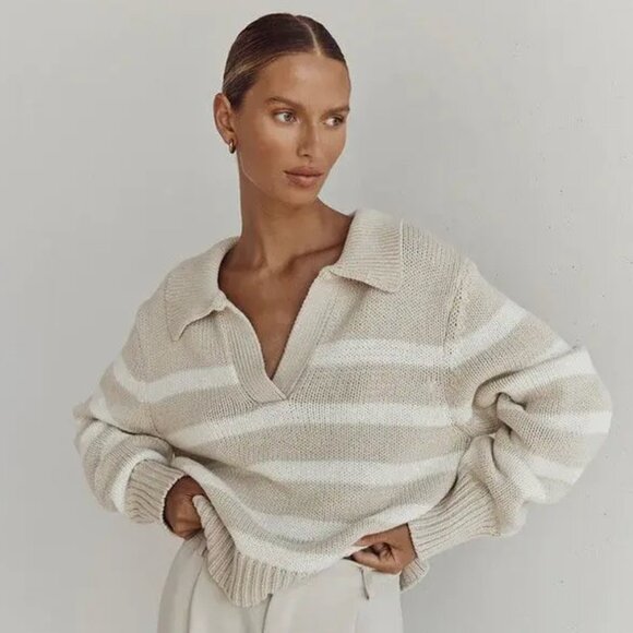 DISSH Sweaters - DISSH: Colbie Cream Stripe Knit Jumper, Beige/Cream